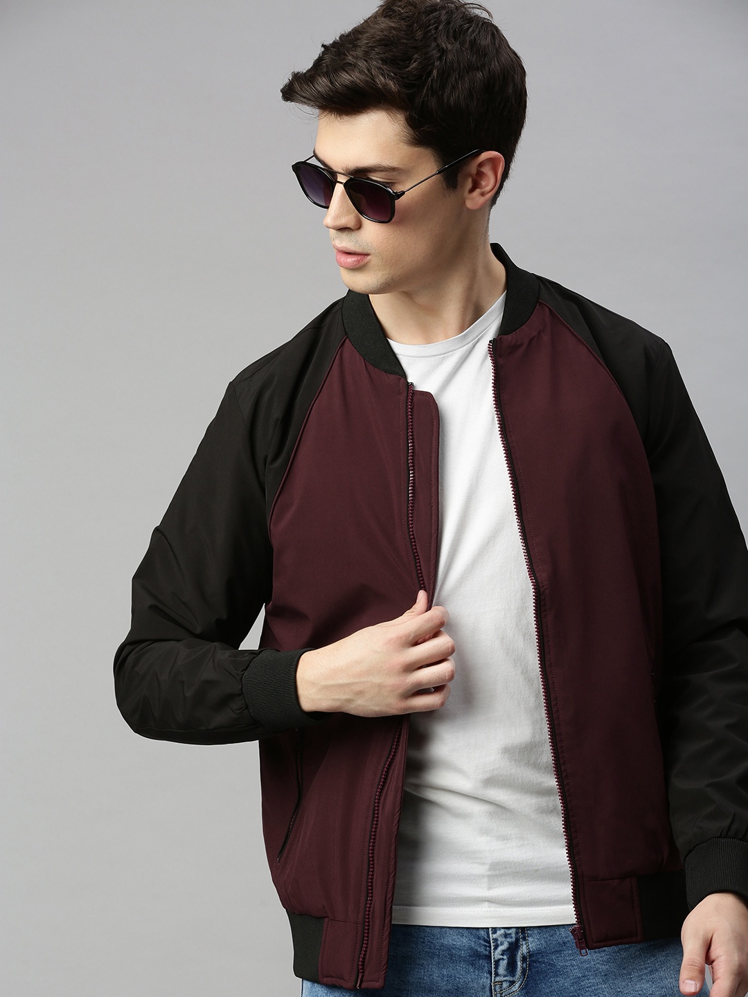 

WROGN Men Maroon Slim Fit Solid Bomber Jacket