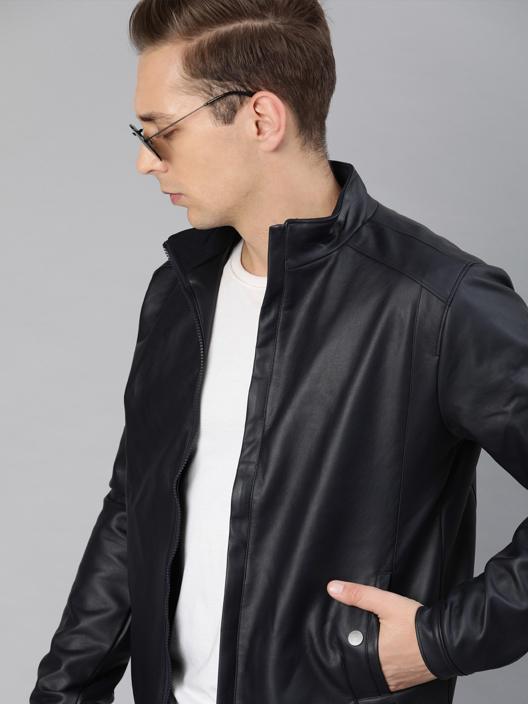 

WROGN Men Navy Blue Solid Biker Jacket