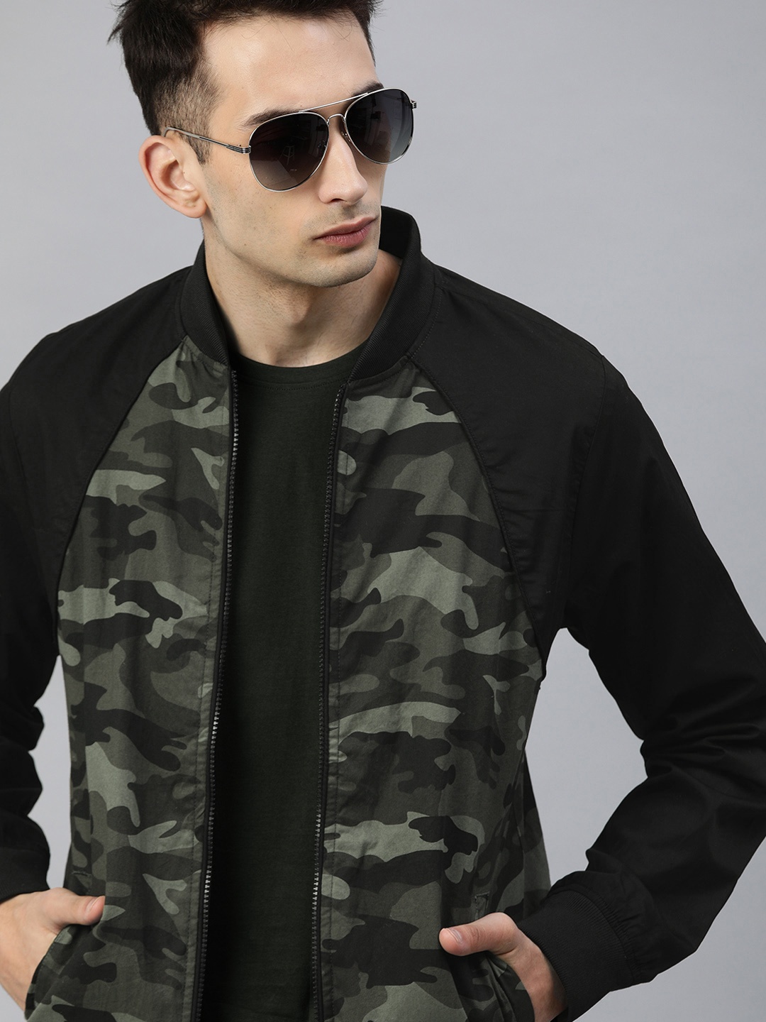 

WROGN Men Olive Green & Grey Camouflage Printed Bomber Jacket
