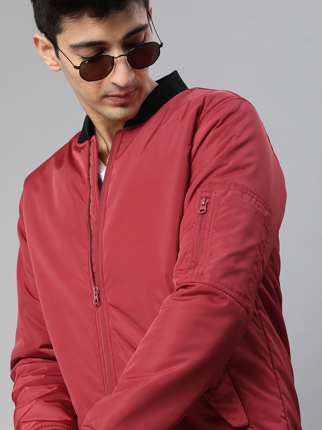 

WROGN Men Red Solid Slim Fit Bomber Jacket