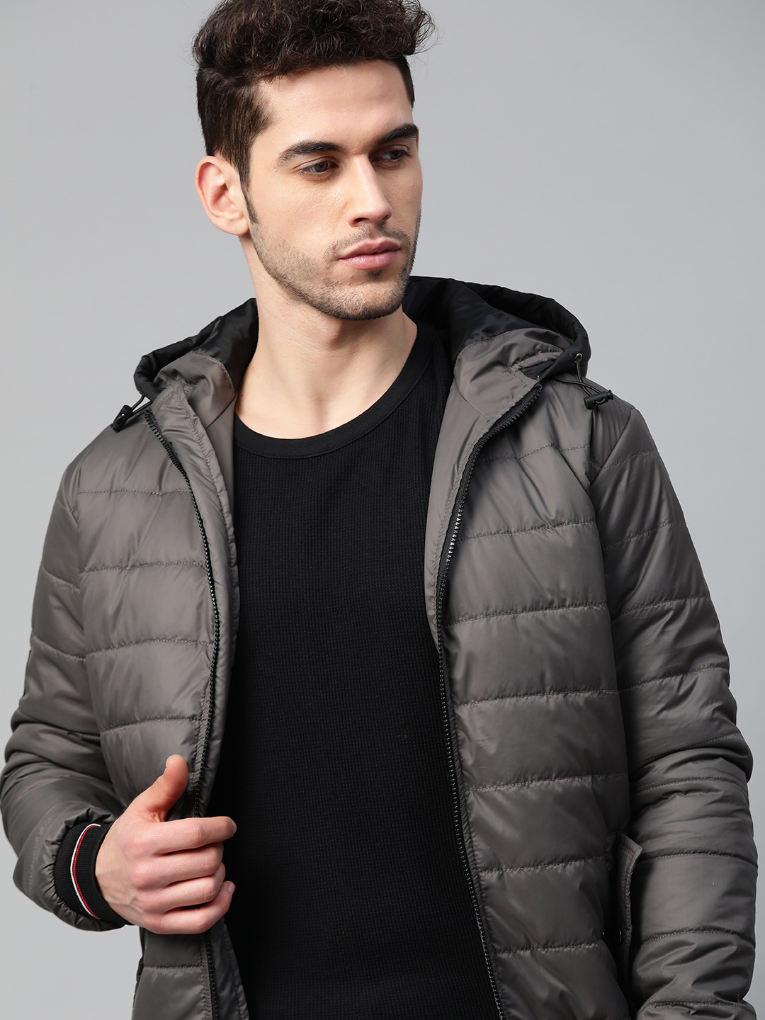 

WROGN Men Charcoal Grey Solid Bomber Jacket