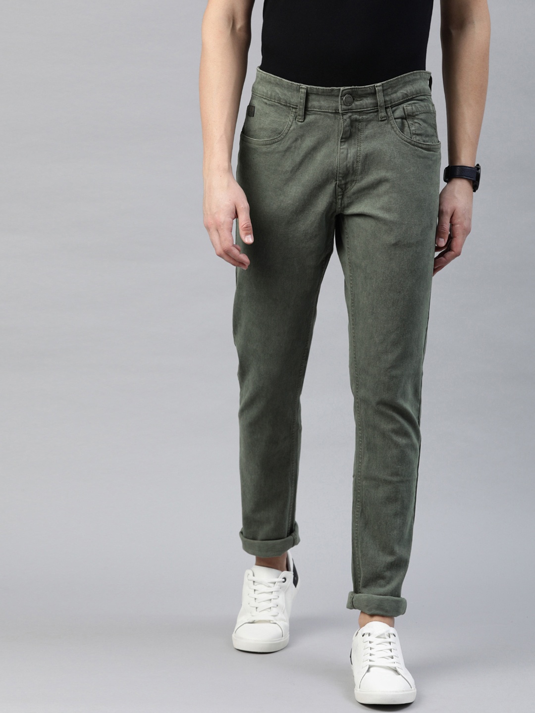 

WROGN Men Olive Green Slim Fit Mid-Rise Clean Look Stretchable Jeans