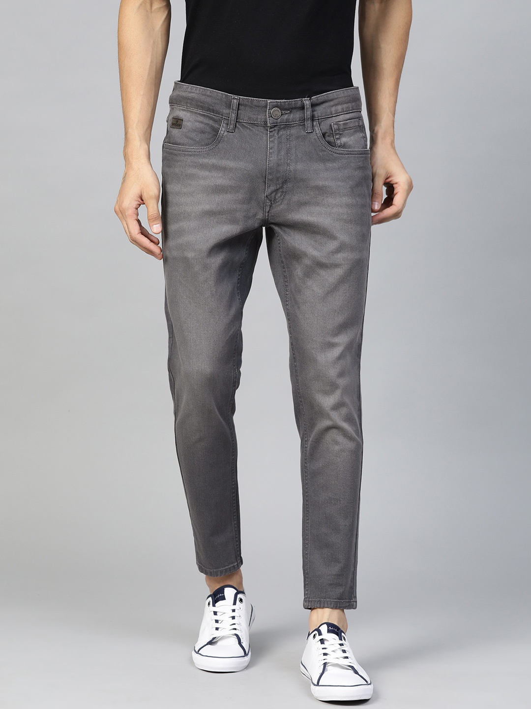 

WROGN Men Charcoal Grey Skinny Fit Mid-Rise Clean Look Cropped Stretchable Jeans