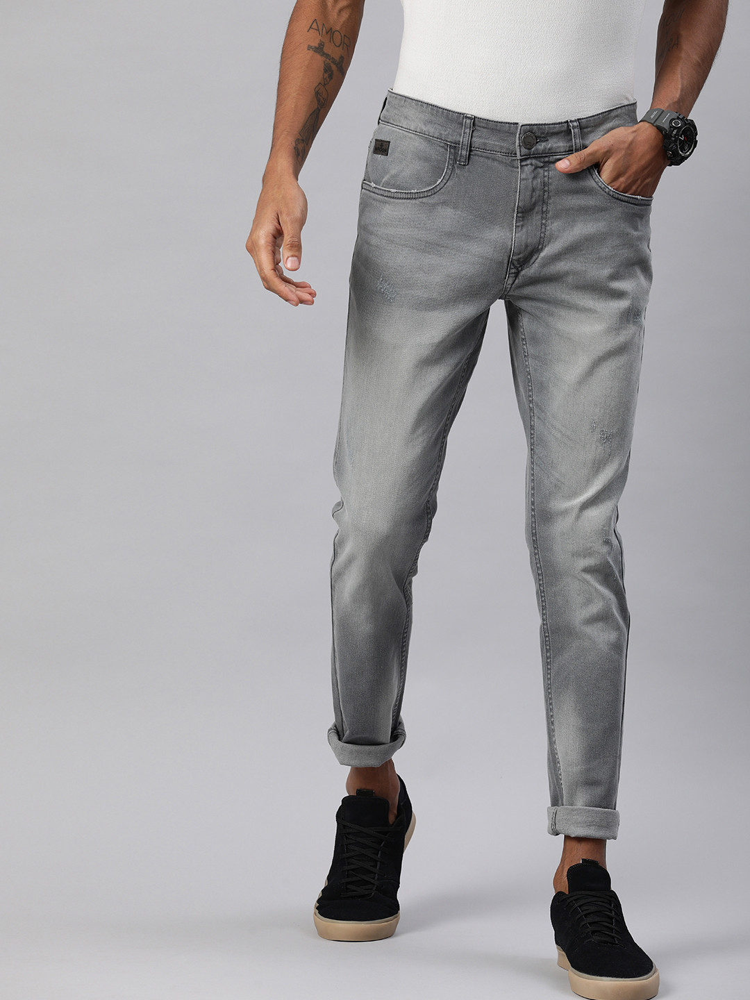 

WROGN Men Grey Skinny Fit Mid-Rise Low Distress Jeans