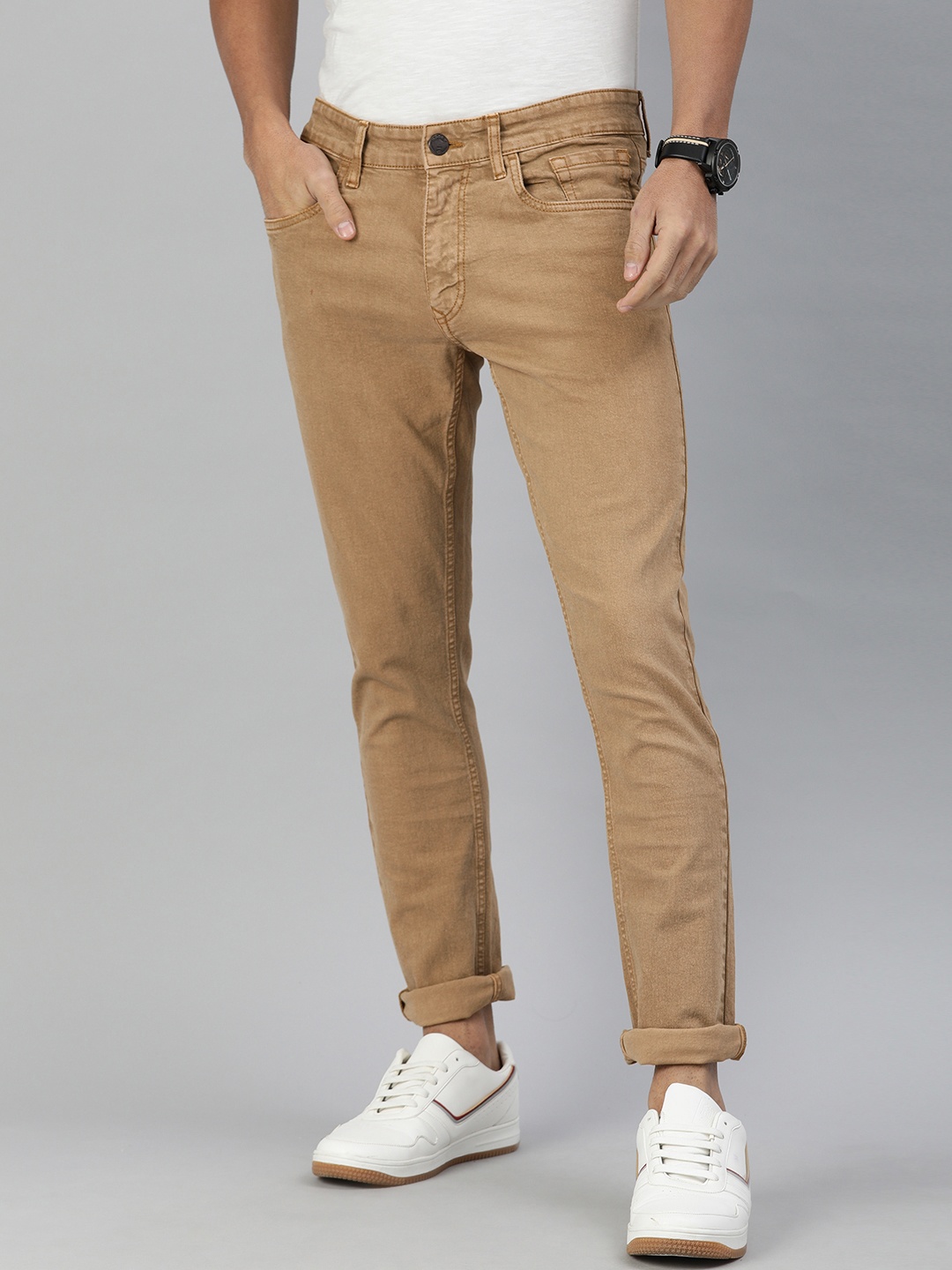 

WROGN Men Khaki Slim Fit Mid-Rise Clean Look Stretchable Jeans