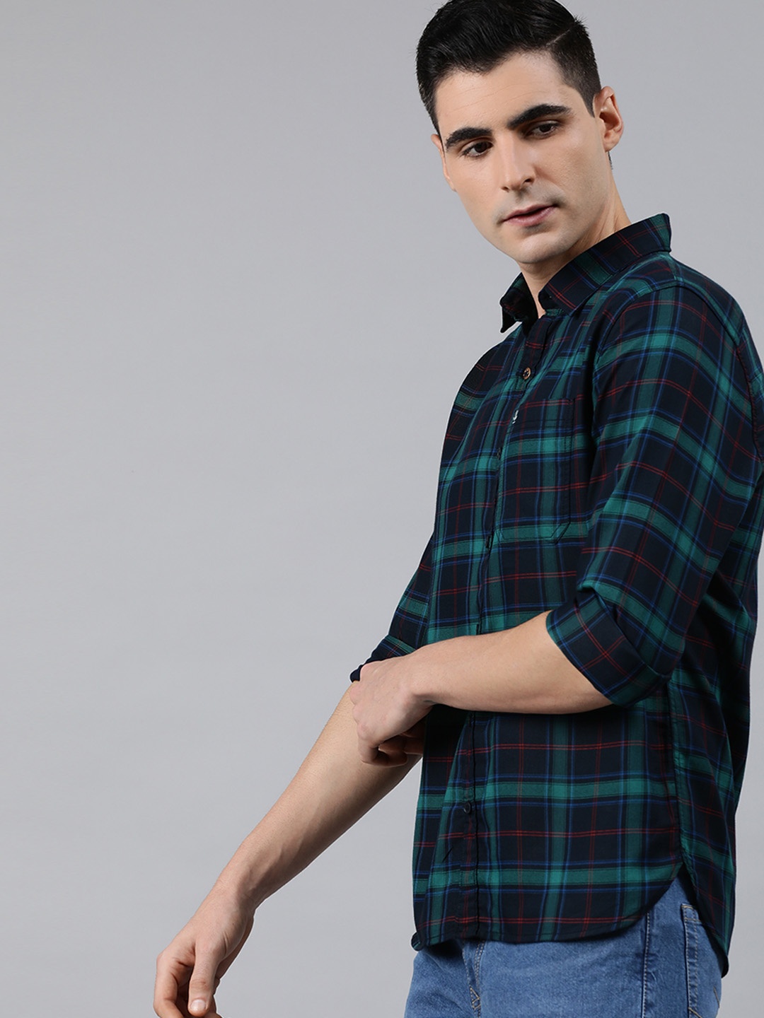 

WROGN Men Navy Blue & Green Slim Fit Checked Twill Casual Shirt