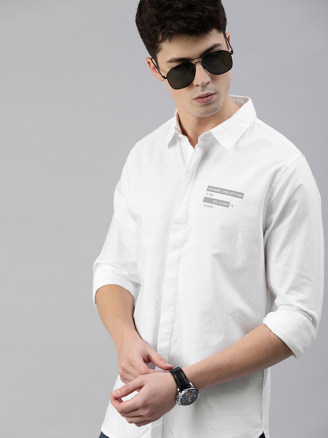 

WROGN Men White Slim Fit Printed Casual Shirt