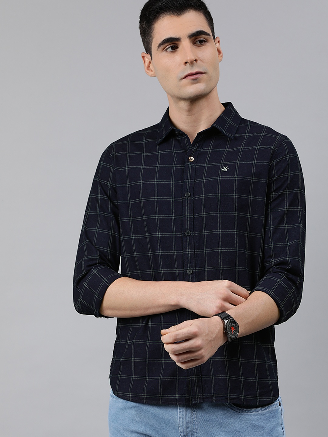 

WROGN Men Navy Blue & Green Slim Fit Checked Casual Shirt
