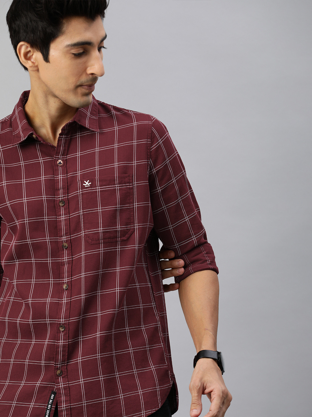 

WROGN Men Maroon & White Slim Fit Checked Casual Corduroy Shirt