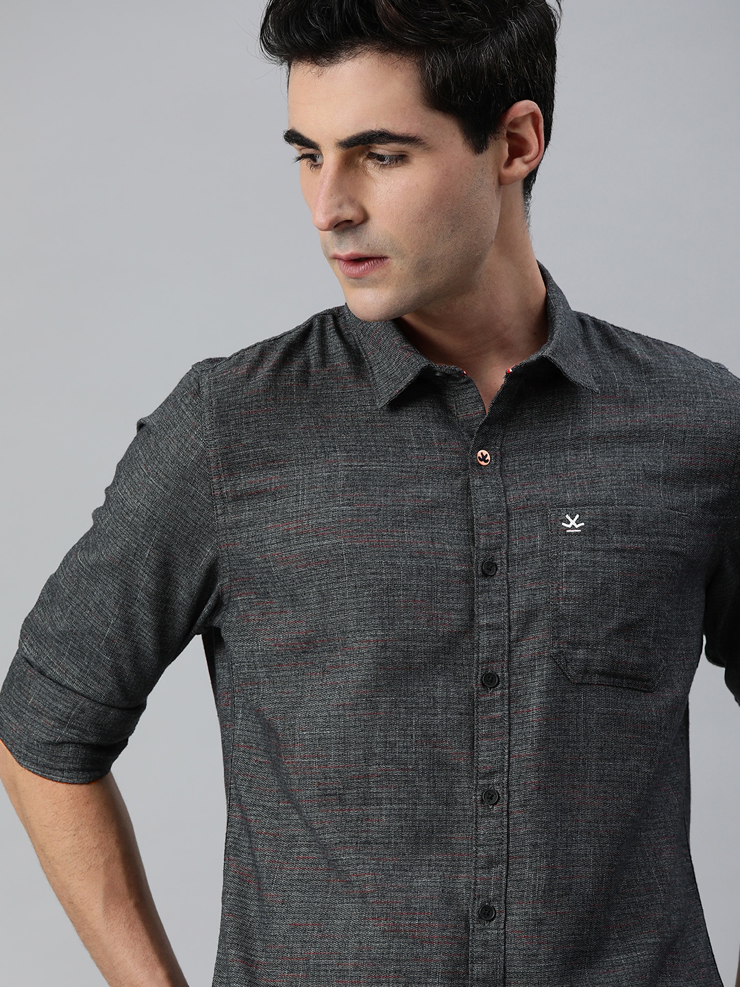 

WROGN Men Charcoal Grey & Maroon Slim Fit Self Design Casual Shirt