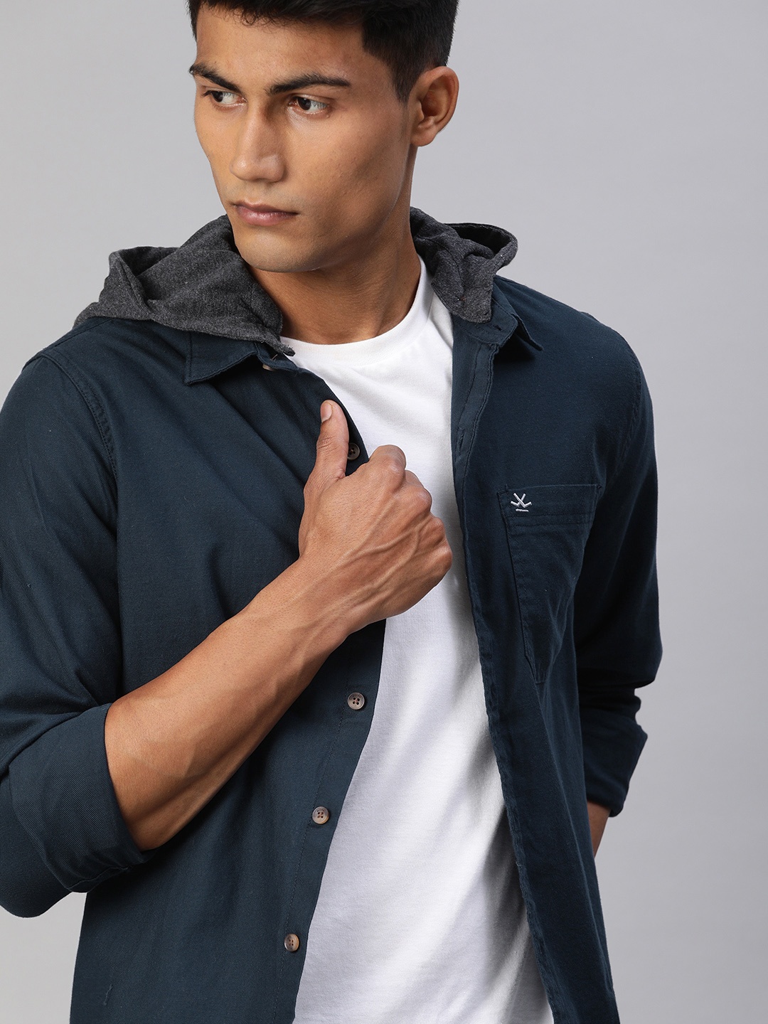 

WROGN Men Navy Blue Slim Fit Solid Hooded Casual Shirt