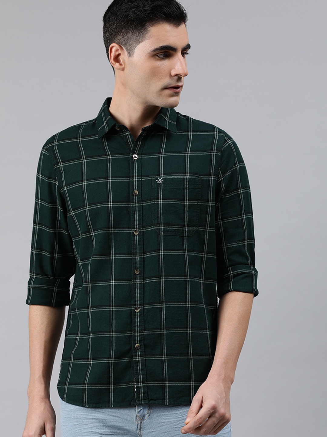 

WROGN Men Green & White Slim Fit Checked Casual Shirt