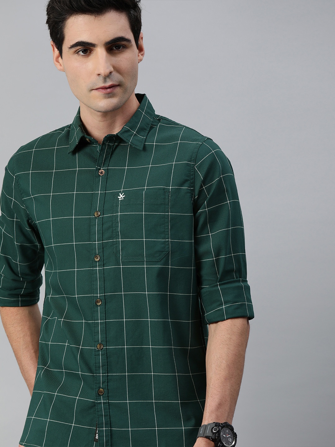 

WROGN Men Teal Green & White Slim Fit Checked Casual Shirt