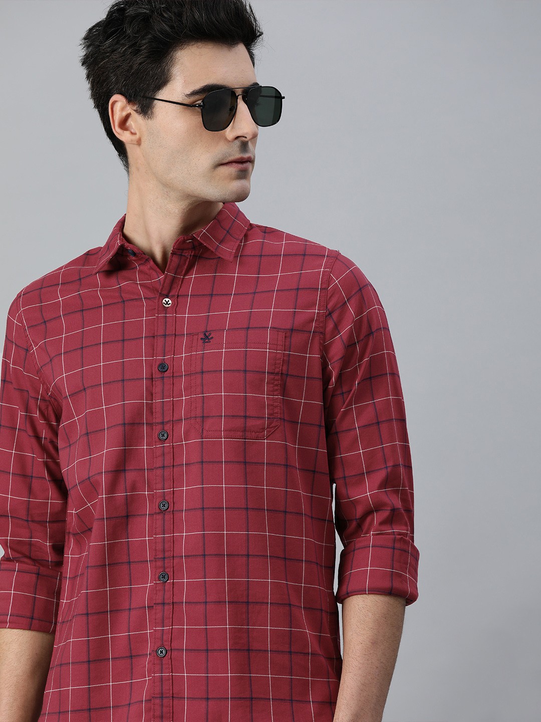 

WROGN Men Maroon & Navy Blue Slim Fit Checked Casual Shirt