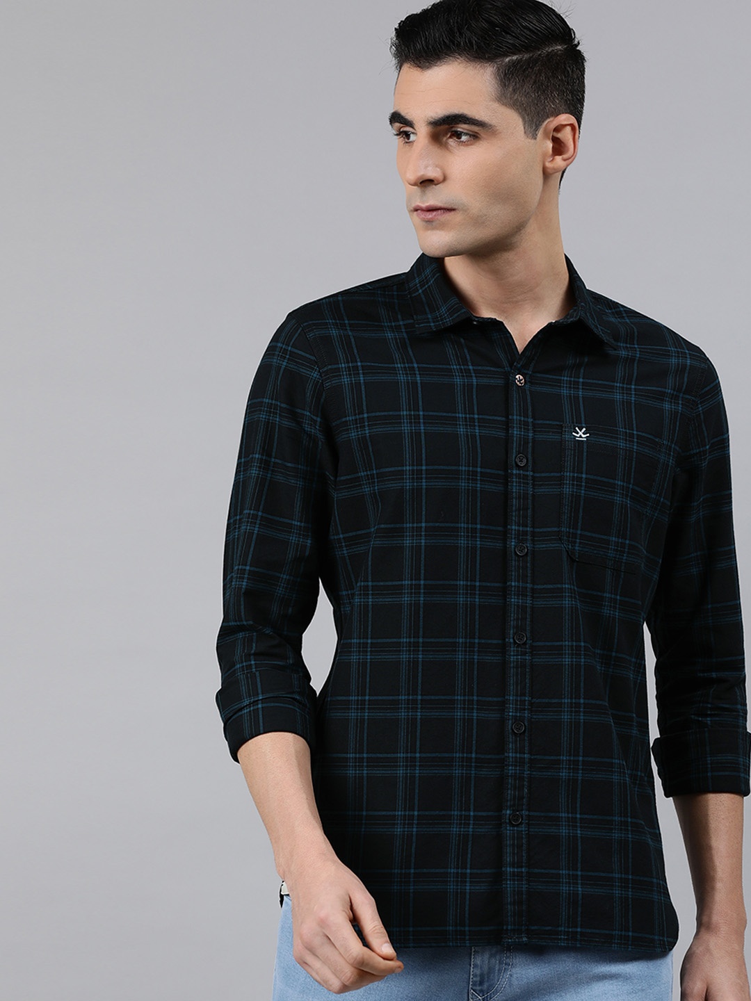 

WROGN Men Navy Blue Slim Fit Checked Casual Shirt