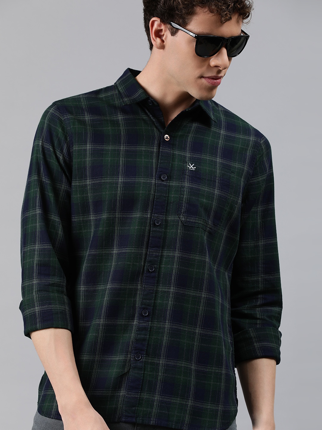 

WROGN Men Green & Navy Blue Slim Fit Checked Casual Shirt