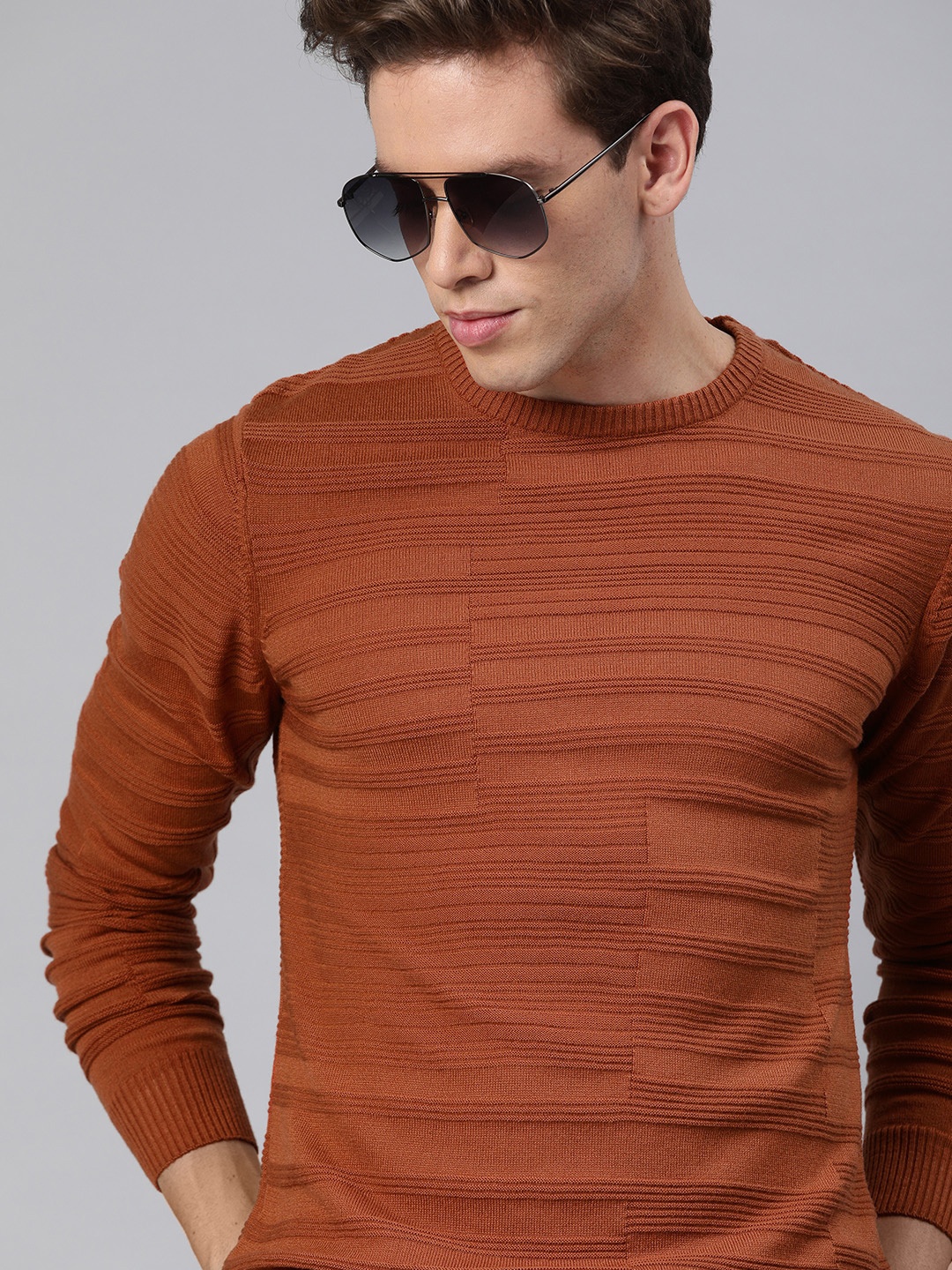 

WROGN Men Brown Self Design Pullover Sweater
