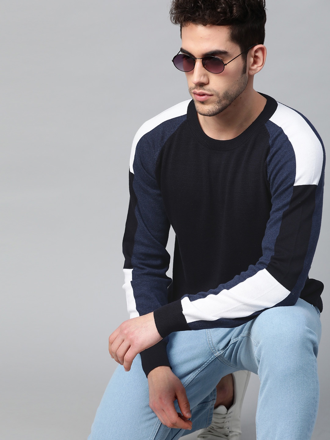 

WROGN Men Navy Blue & White Pure Cotton Solid Pullover Sweater