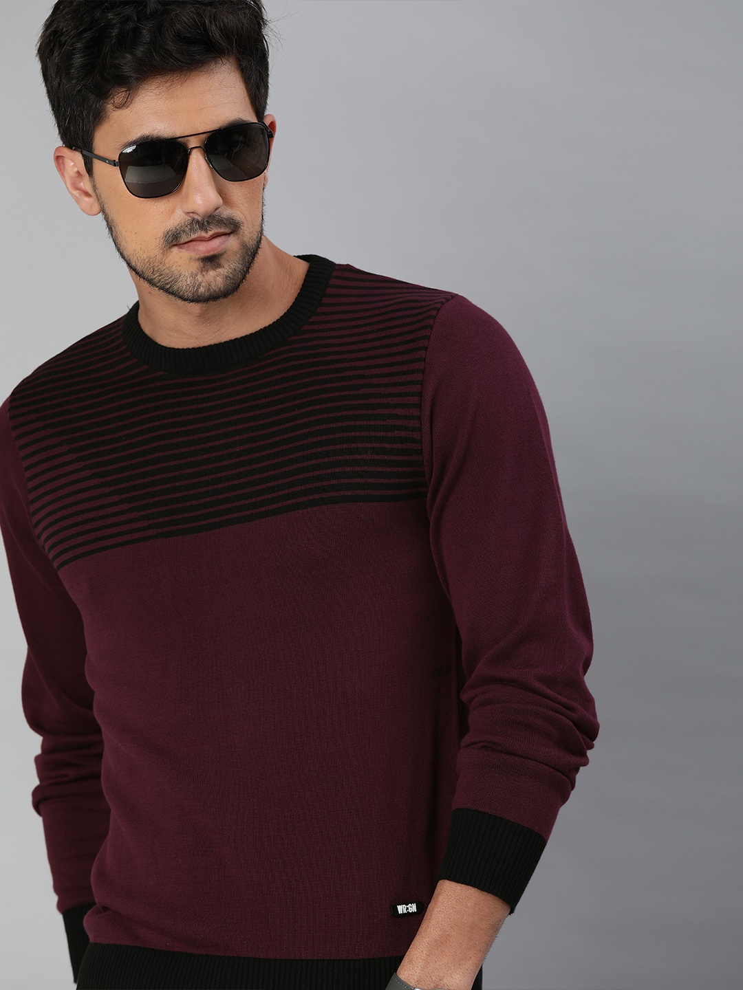 

WROGN Men Burgundy & Black Striped Slim Fit Pullover Sweater