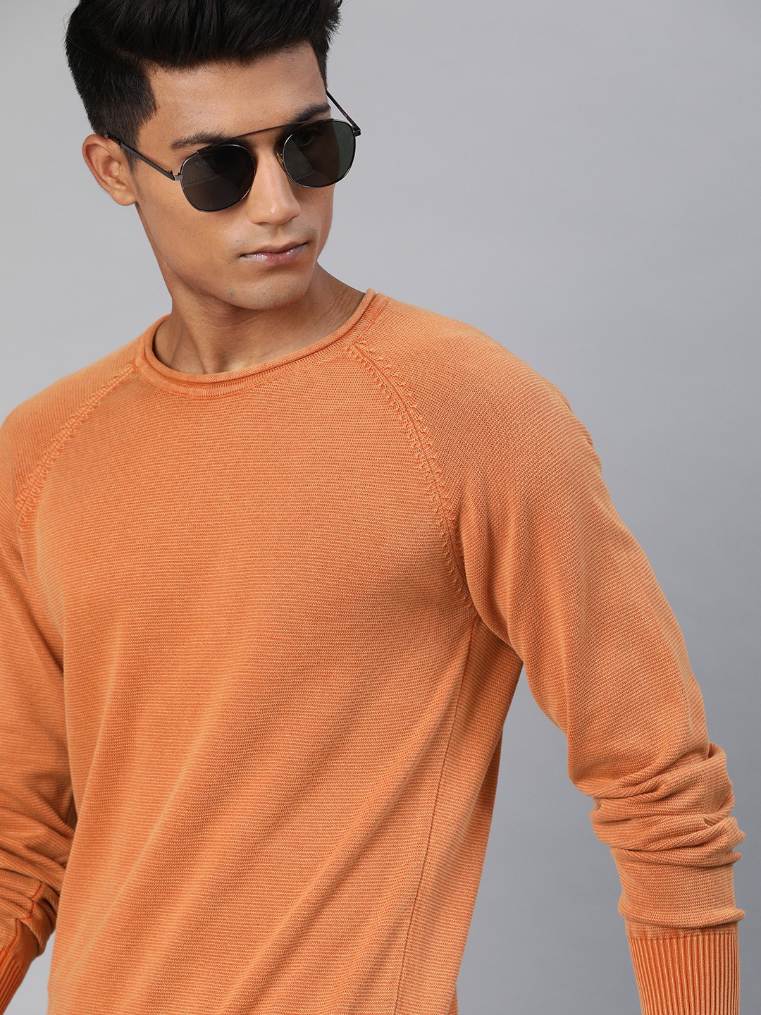 

WROGN Men Rust Orange Solid Slim Fit Pullover Sweater