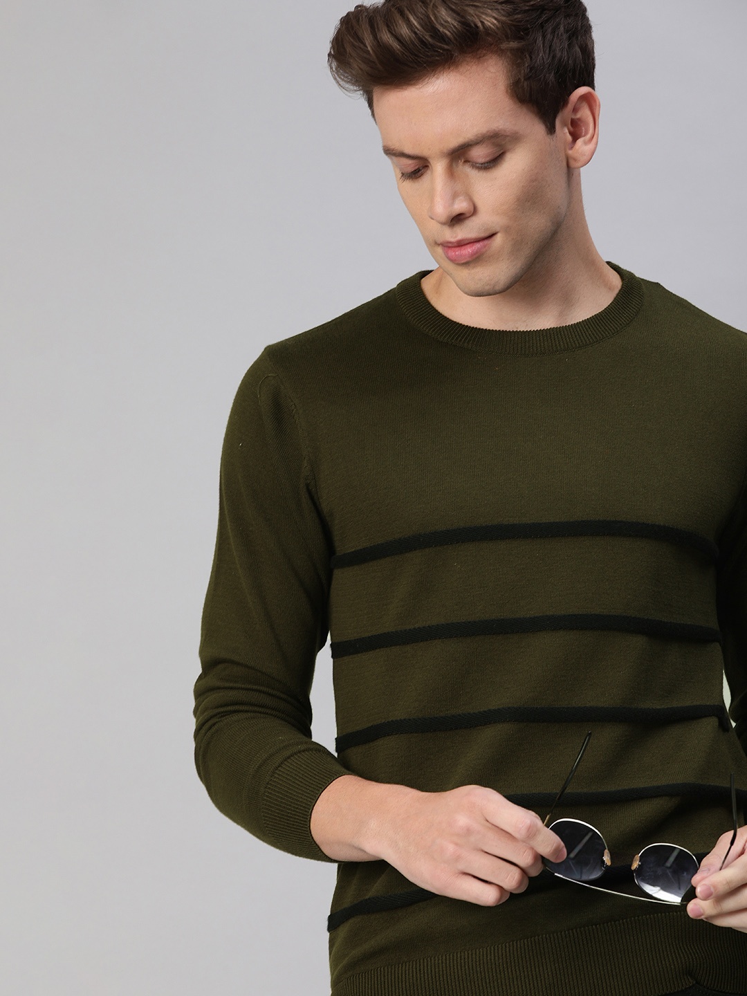 

WROGN Men Olive Green & Black Striped Pullover Sweater