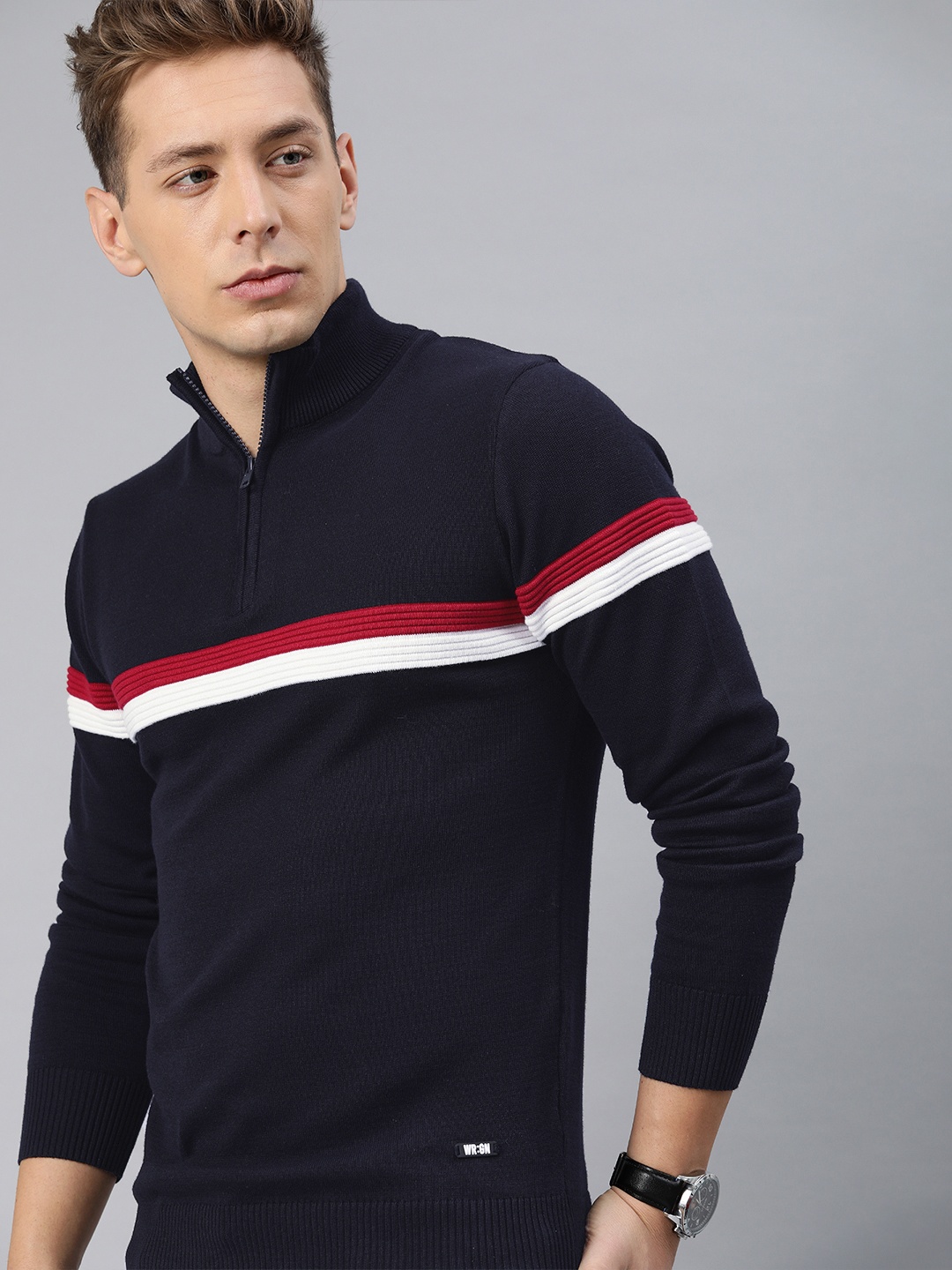 

WROGN Men Navy Blue & Red Slim Fit Striped Pullover Sweater