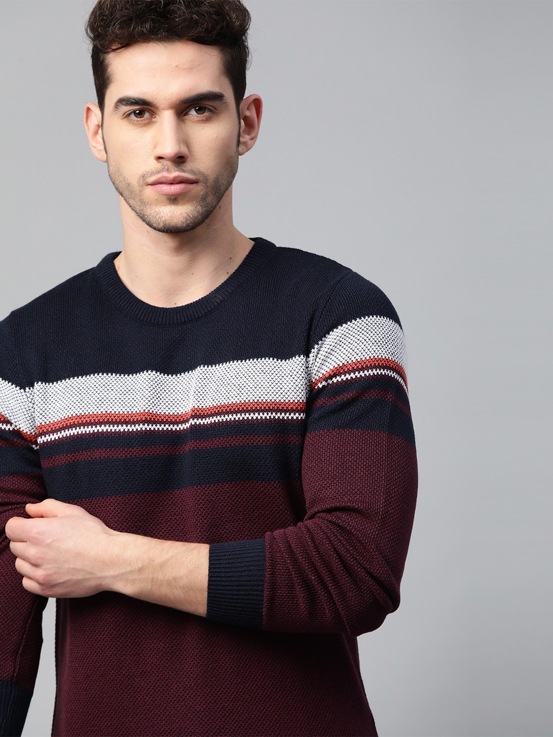 

WROGN Men Navy Blue & Burgundy Striped Pullover Sweater