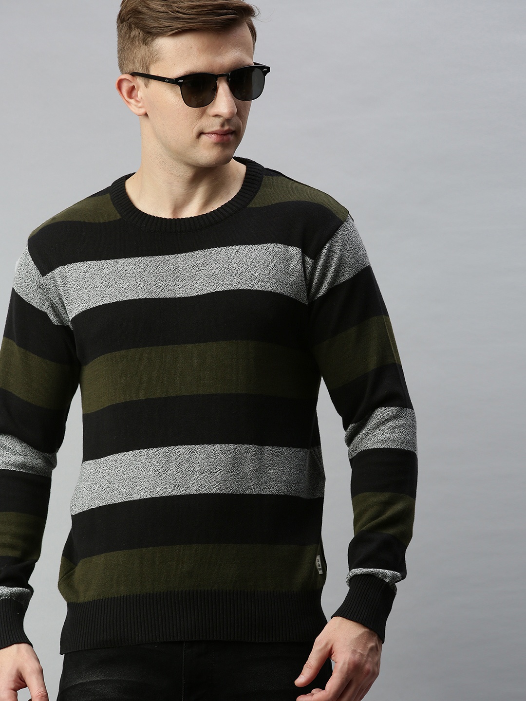 

WROGN Men Black Striped Pullover Sweater
