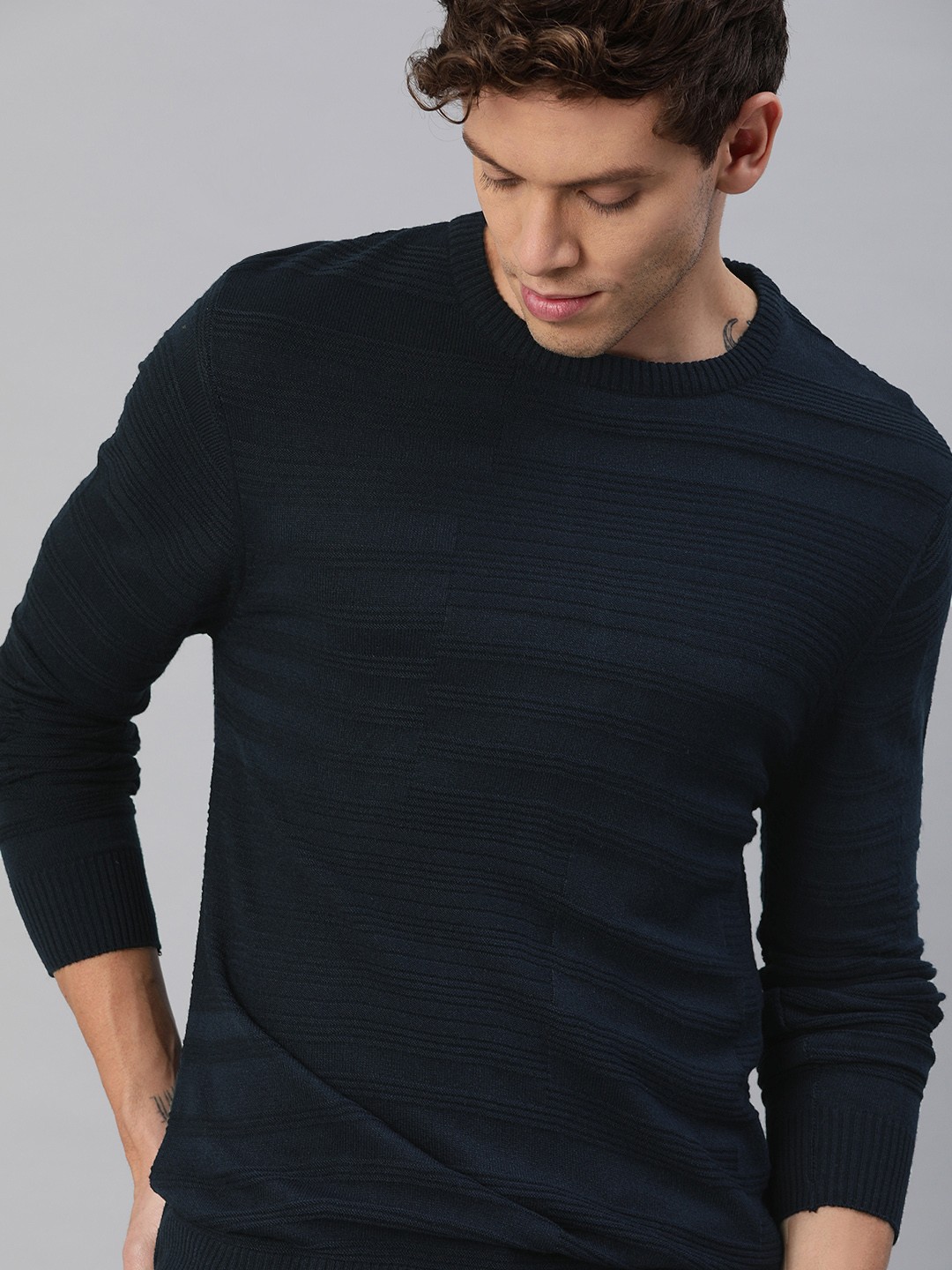 

WROGN Men Navy Blue Self-Striped Pullover Sweater