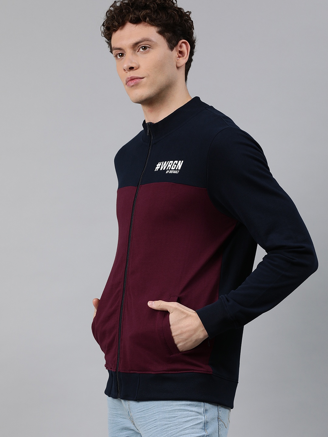 

WROGN Men Maroon & Navy Blue Colourblocked Sweatshirt