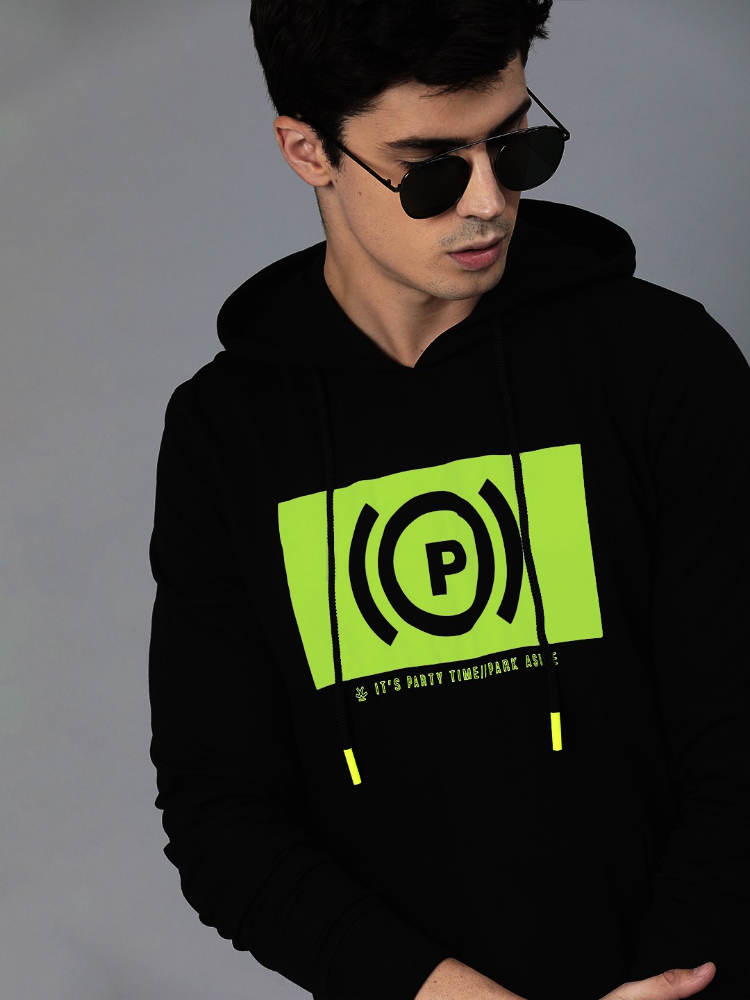 

WROGN Men Black Printed Hooded Pullover Glow in the Dark Sweatshirt