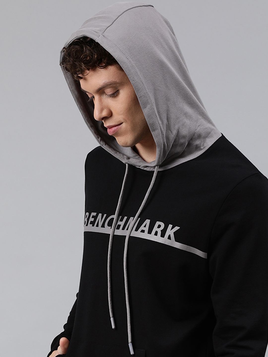 

WROGN Men Black & Grey Printed Hooded Sweatshirt