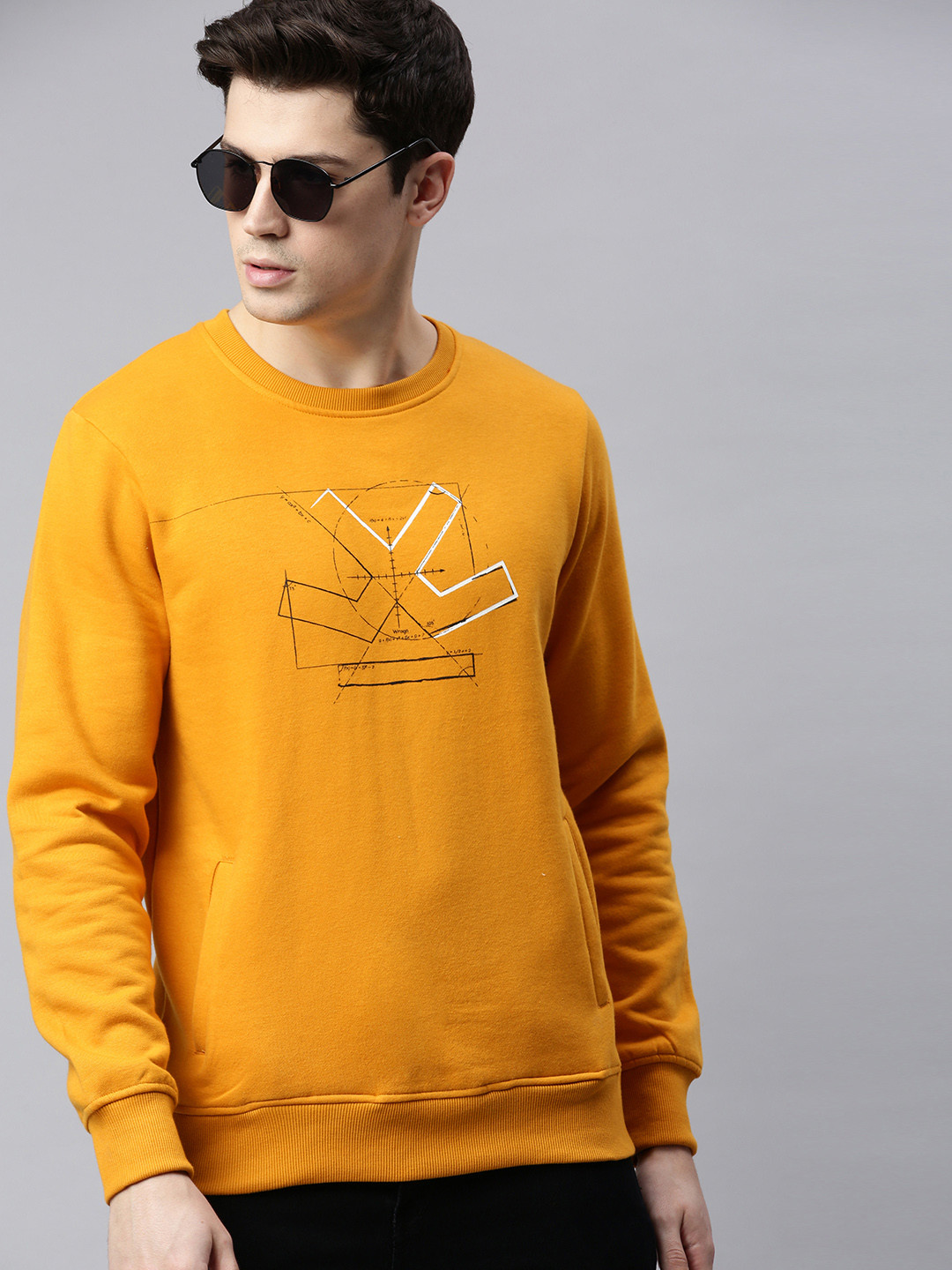 

WROGN Men Mustard Yellow Slim Fit Printed Pullover Sweatshirt