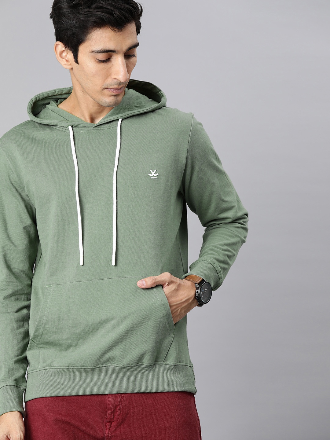 

WROGN Men Green Solid Hooded Sweatshirt