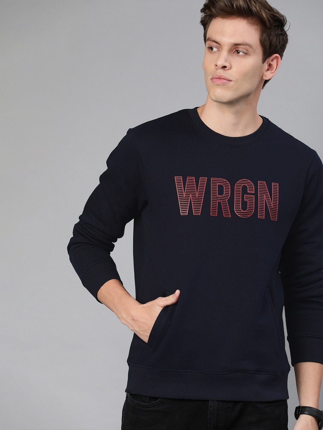 

WROGN Men Navy Blue Printed Pullover Sweatshirt