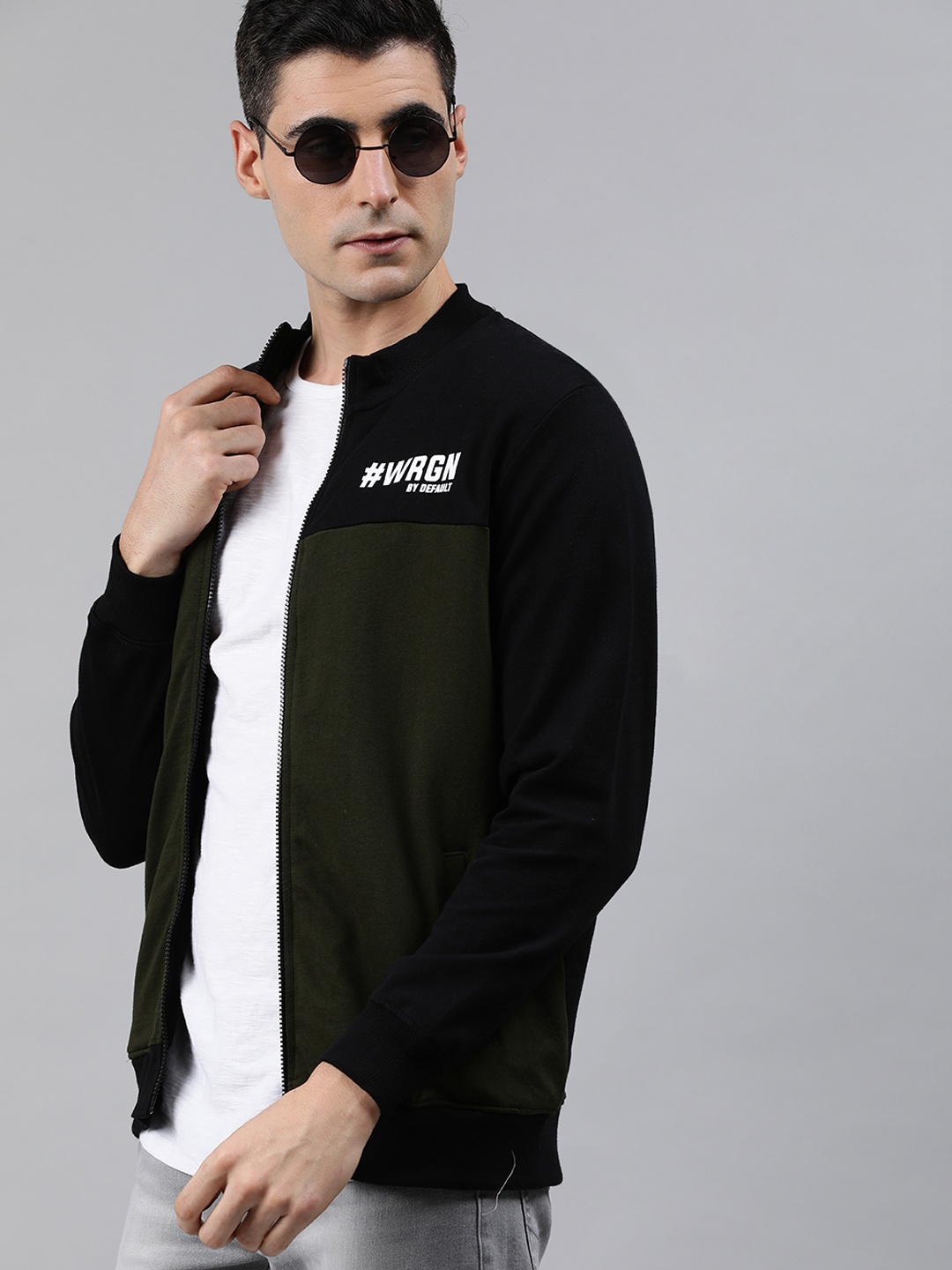 

WROGN Men Black & Olive Green Colourblocked Slim Fit Sweatshirt