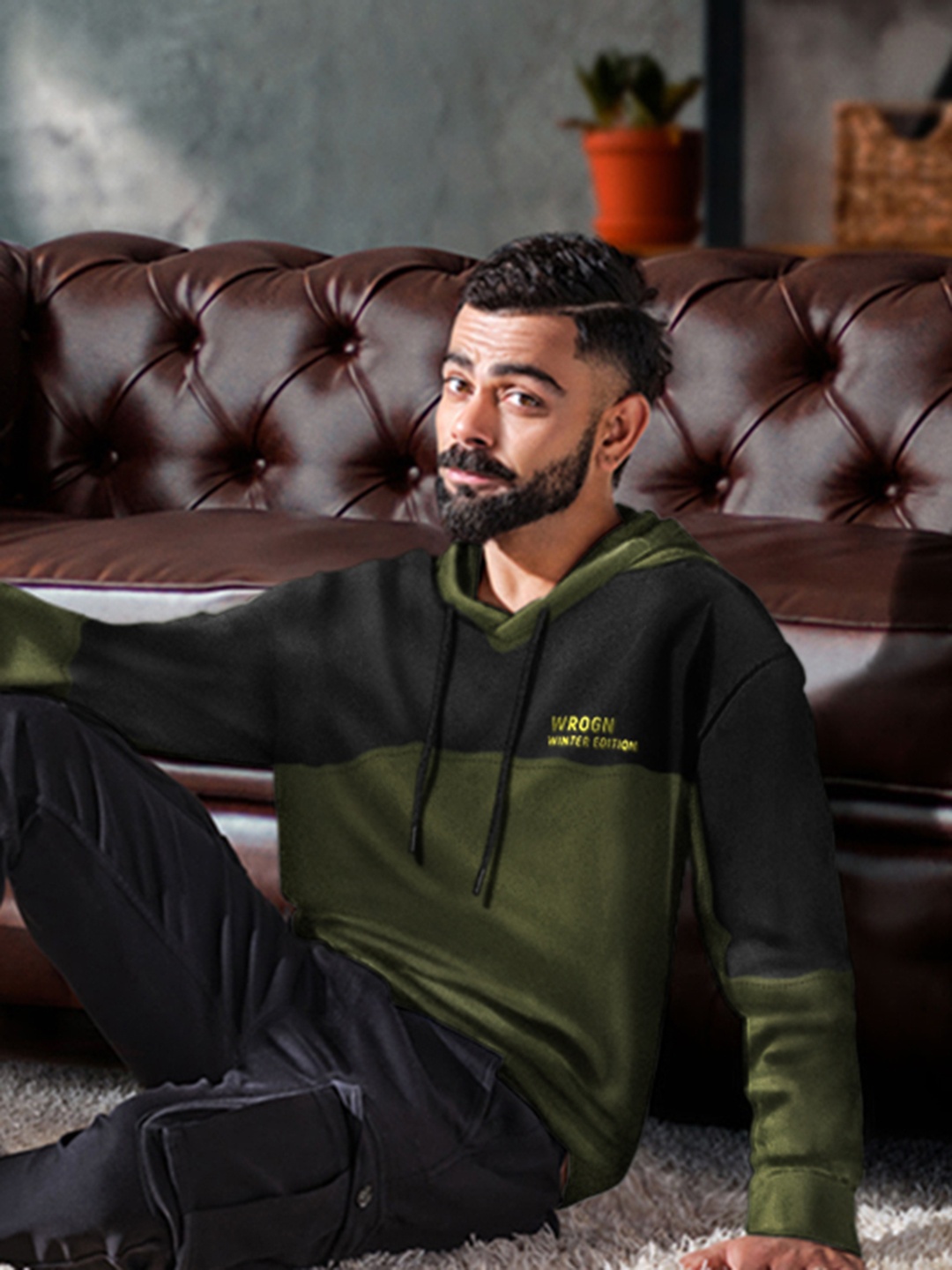 

WROGN Men Olive Green & Black Slim Fit Colourblocked Hooded Sweatshirt