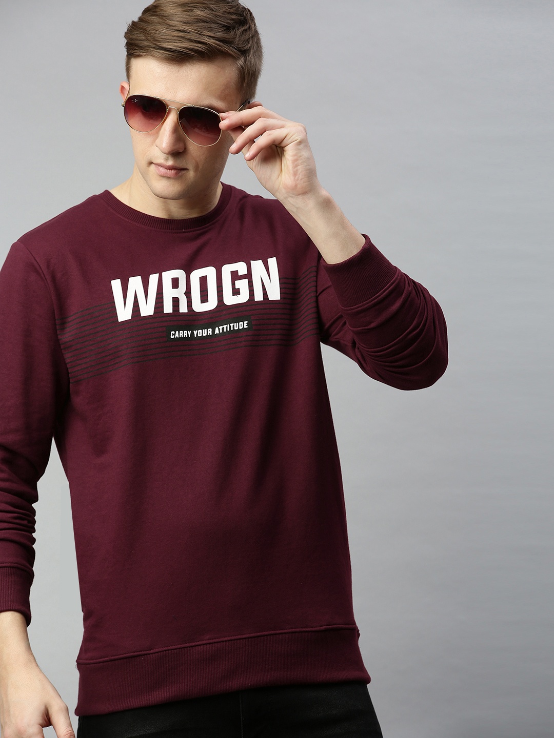 

WROGN Men Burgundy & White Slim Fit Printed Sweatshirt