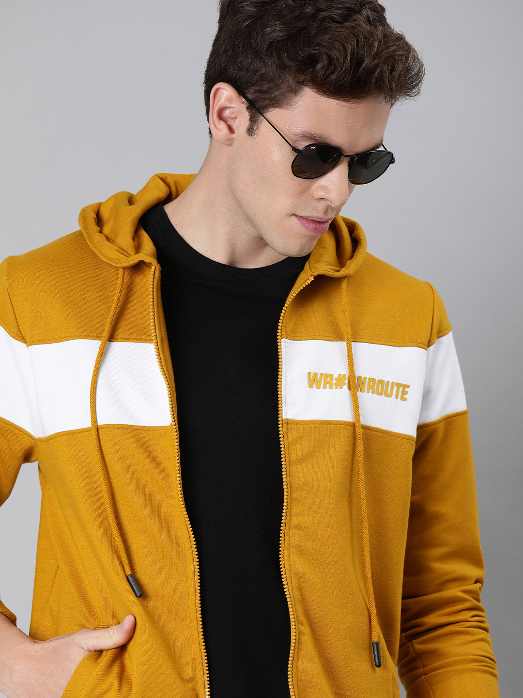 

WROGN Men Mustard & White Striped Hooded Sweatshirt