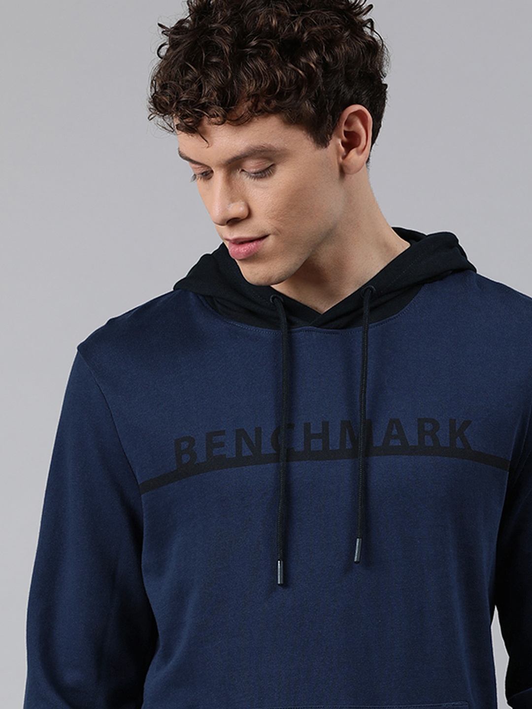 

WROGN Men Navy Blue & Black Printed Hooded Sweatshirt