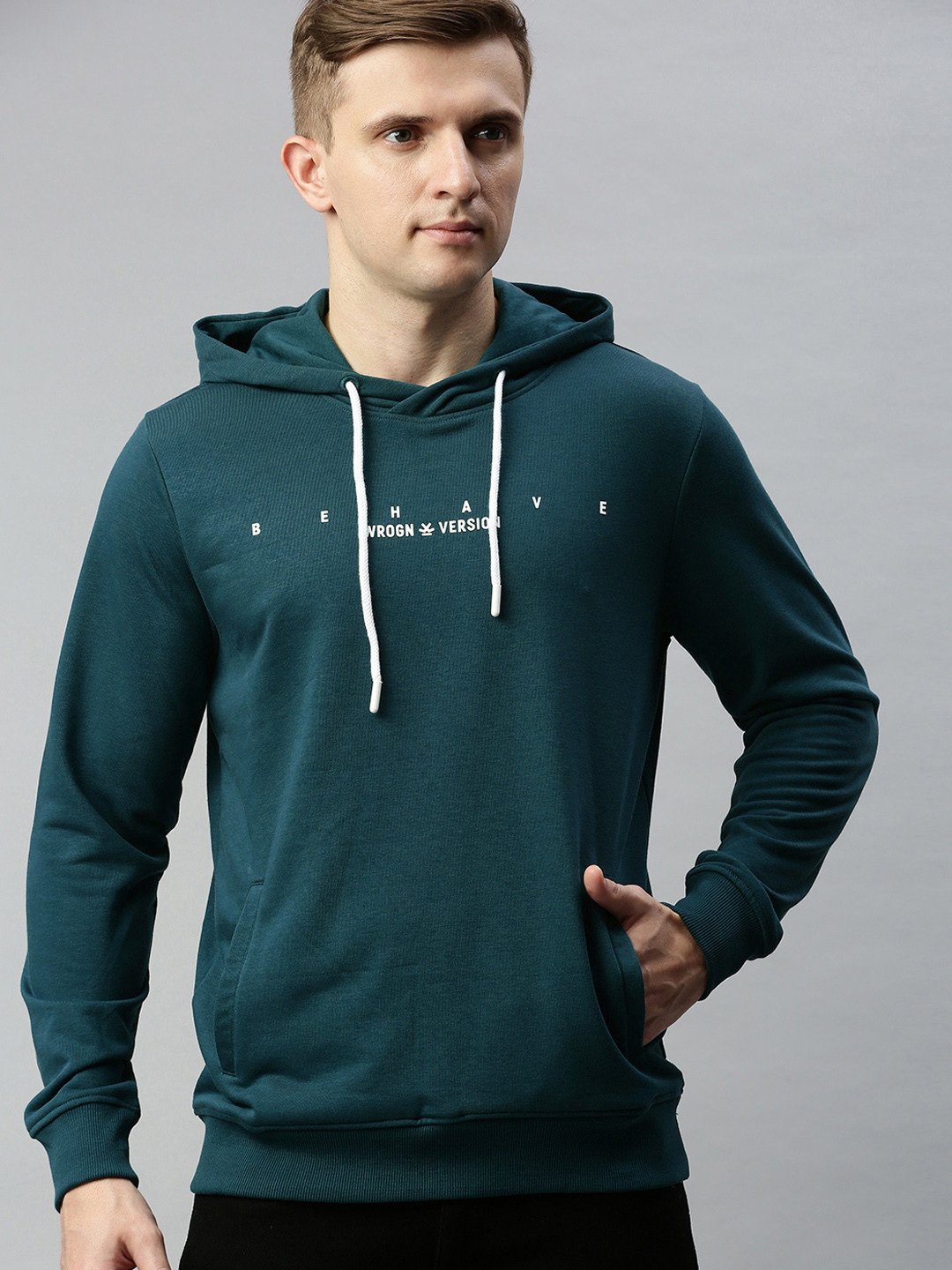

WROGN Men Teal Blue Solid Hooded Sweatshirt