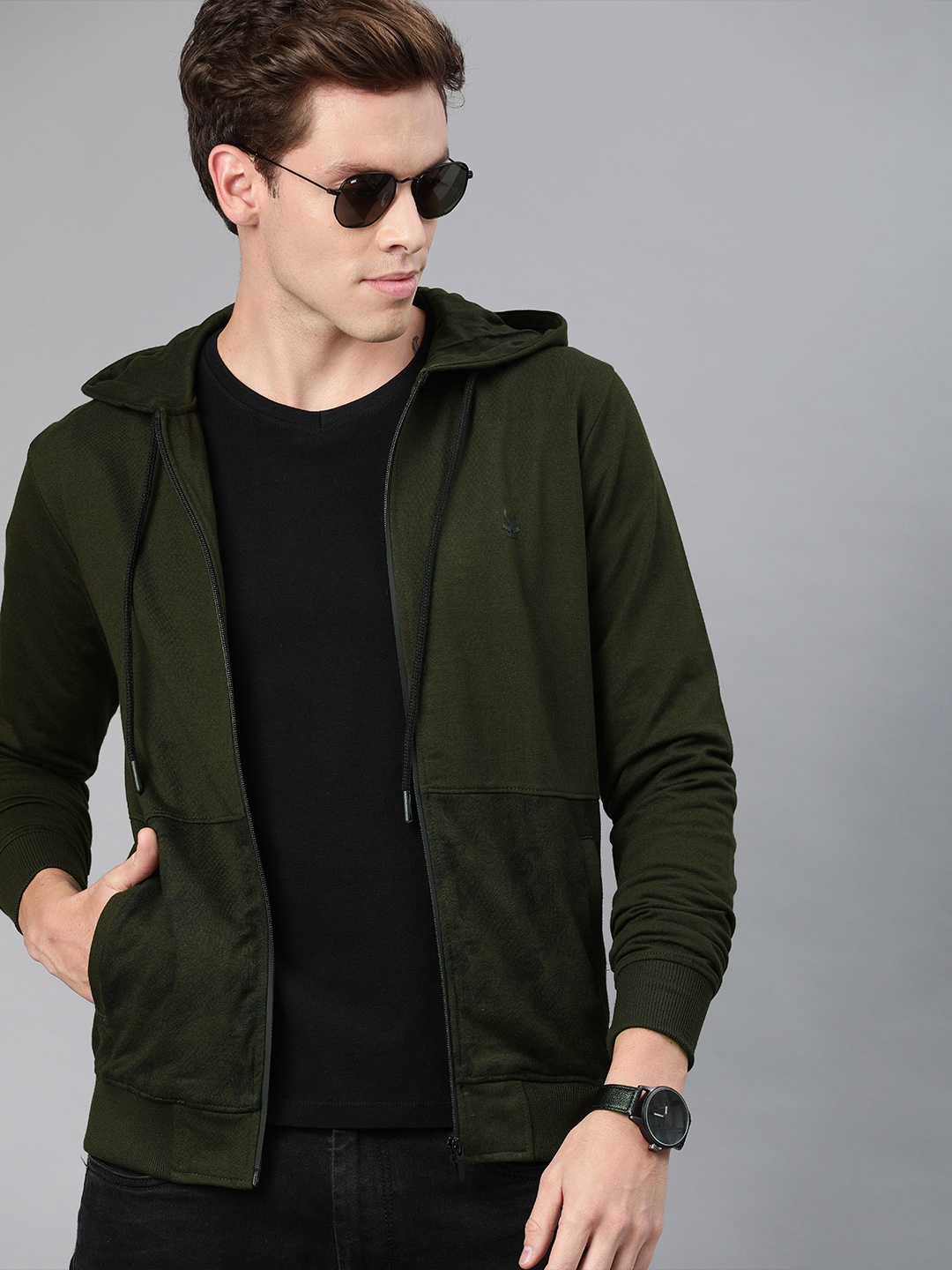 

WROGN Men Olive Green Printed Hooded Front-Open Sweatshirt