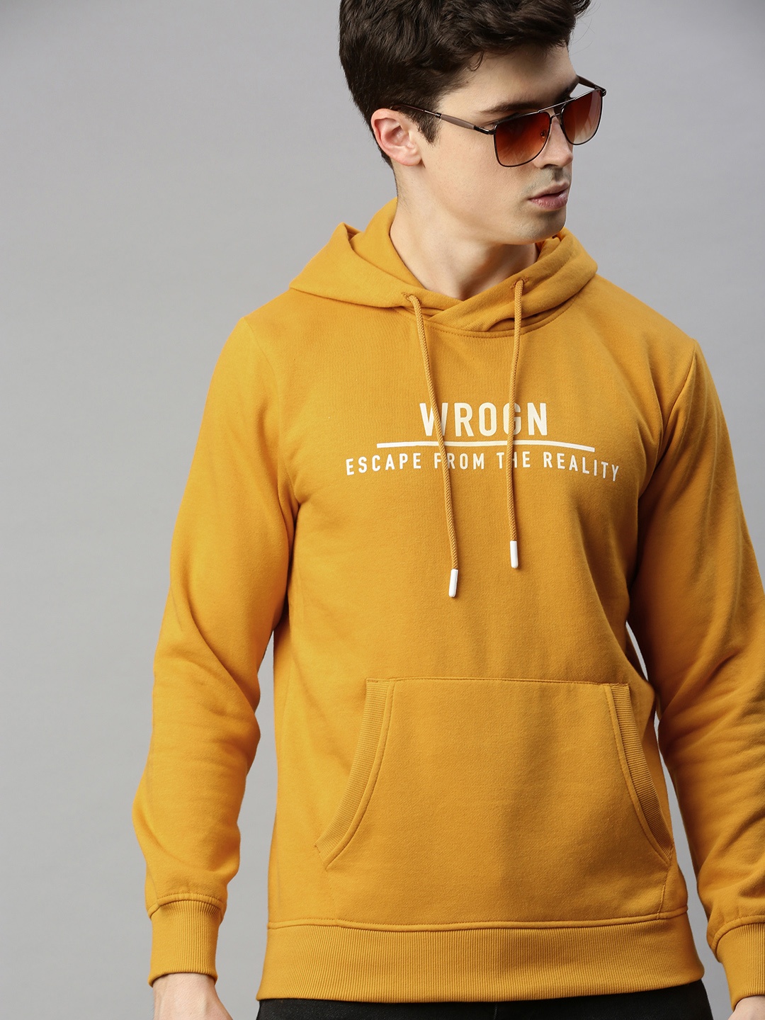 

WROGN Men Mustard Yellow Printed Slim Fit Hooded Sweatshirt