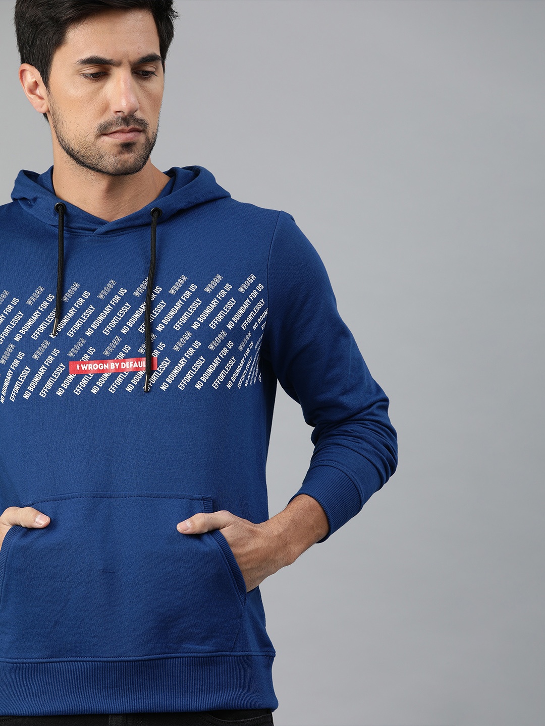 

WROGN Men Blue Slim Fit Printed Hooded Sweatshirt
