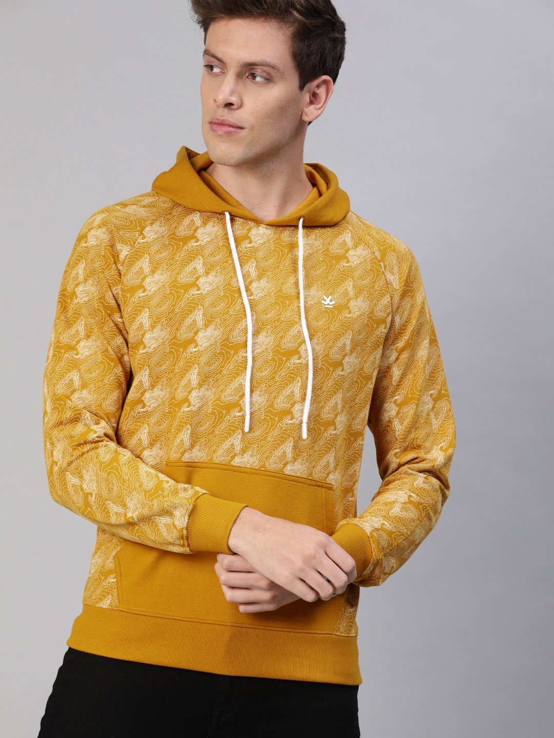 

WROGN Men Mustard Yellow & White Slim Fit Abstract Printed Hooded Sweatshirt