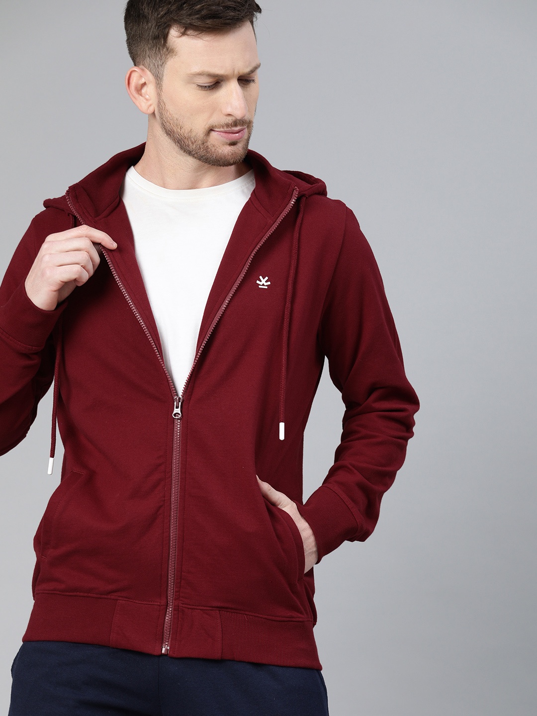 

WROGN Men Maroon Solid Hooded Sweatshirt