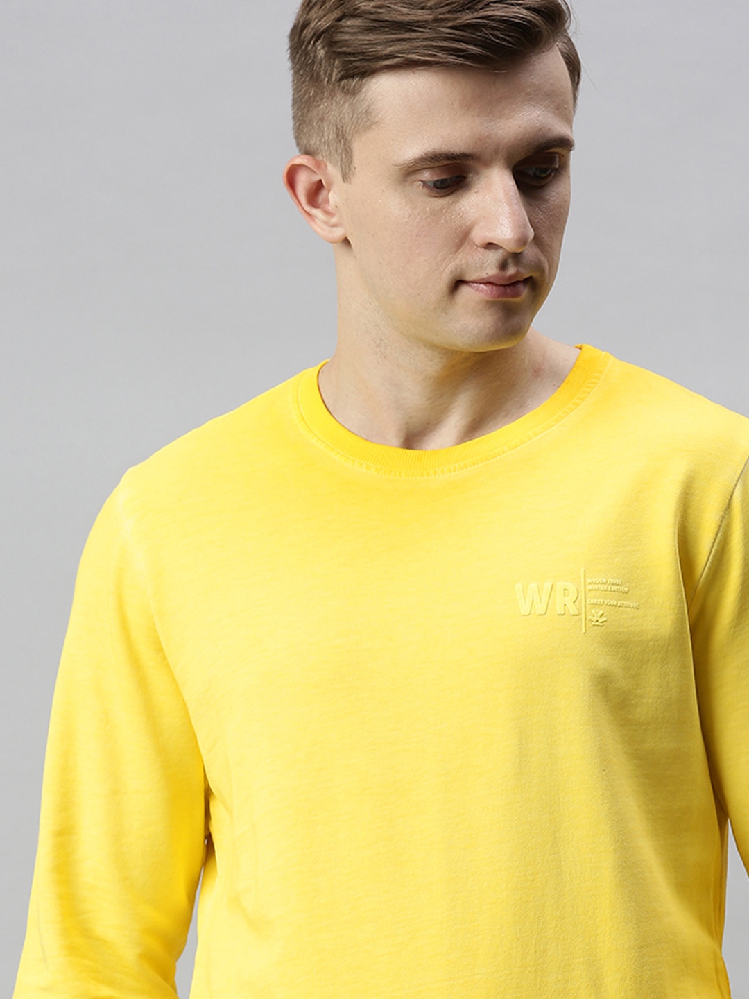 

WROGN Men Yellow Solid Slim Fit Pullover Sweatshirt