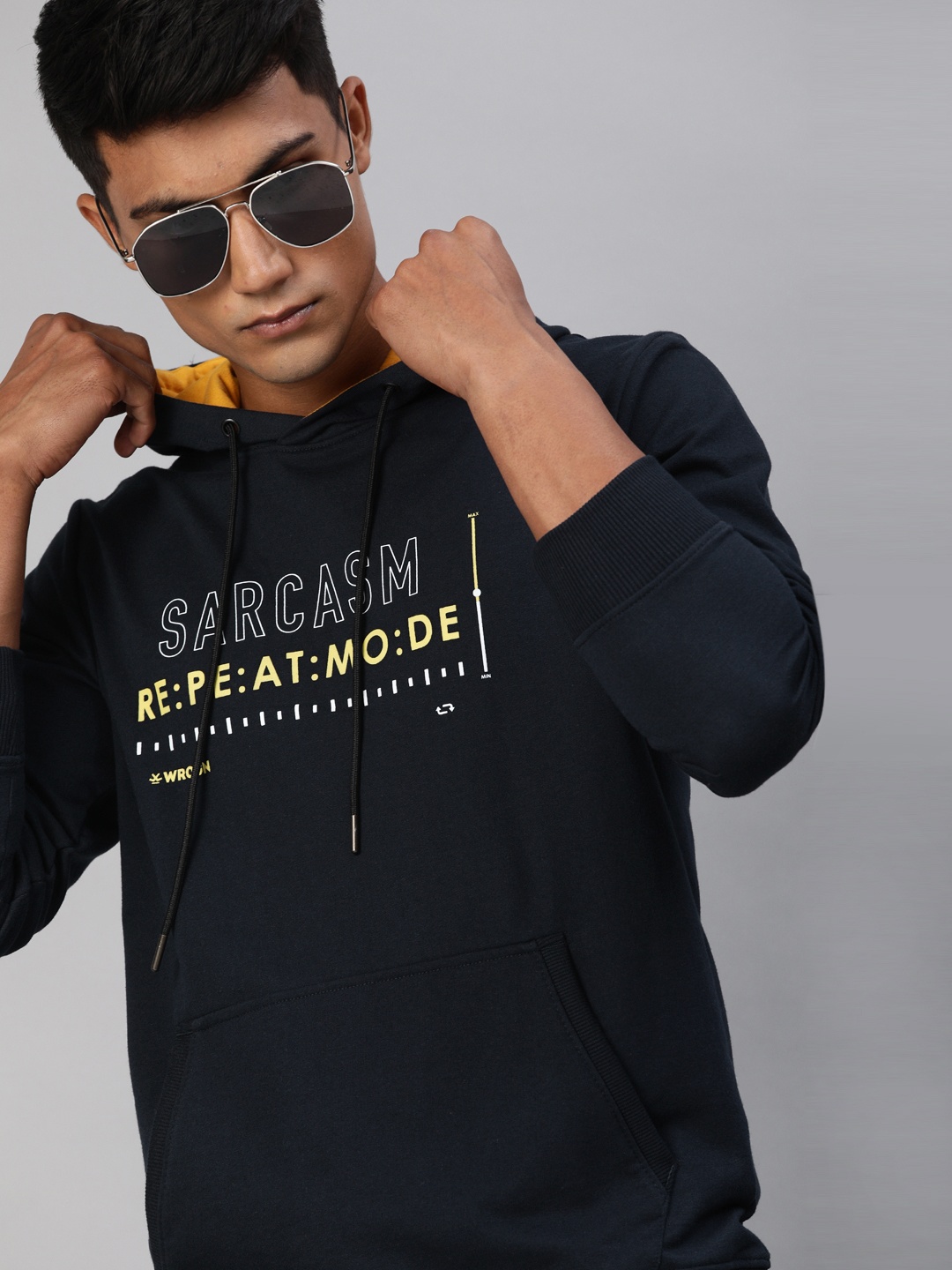 

WROGN Men Navy Blue Slim Fit Printed Hooded Sweatshirt