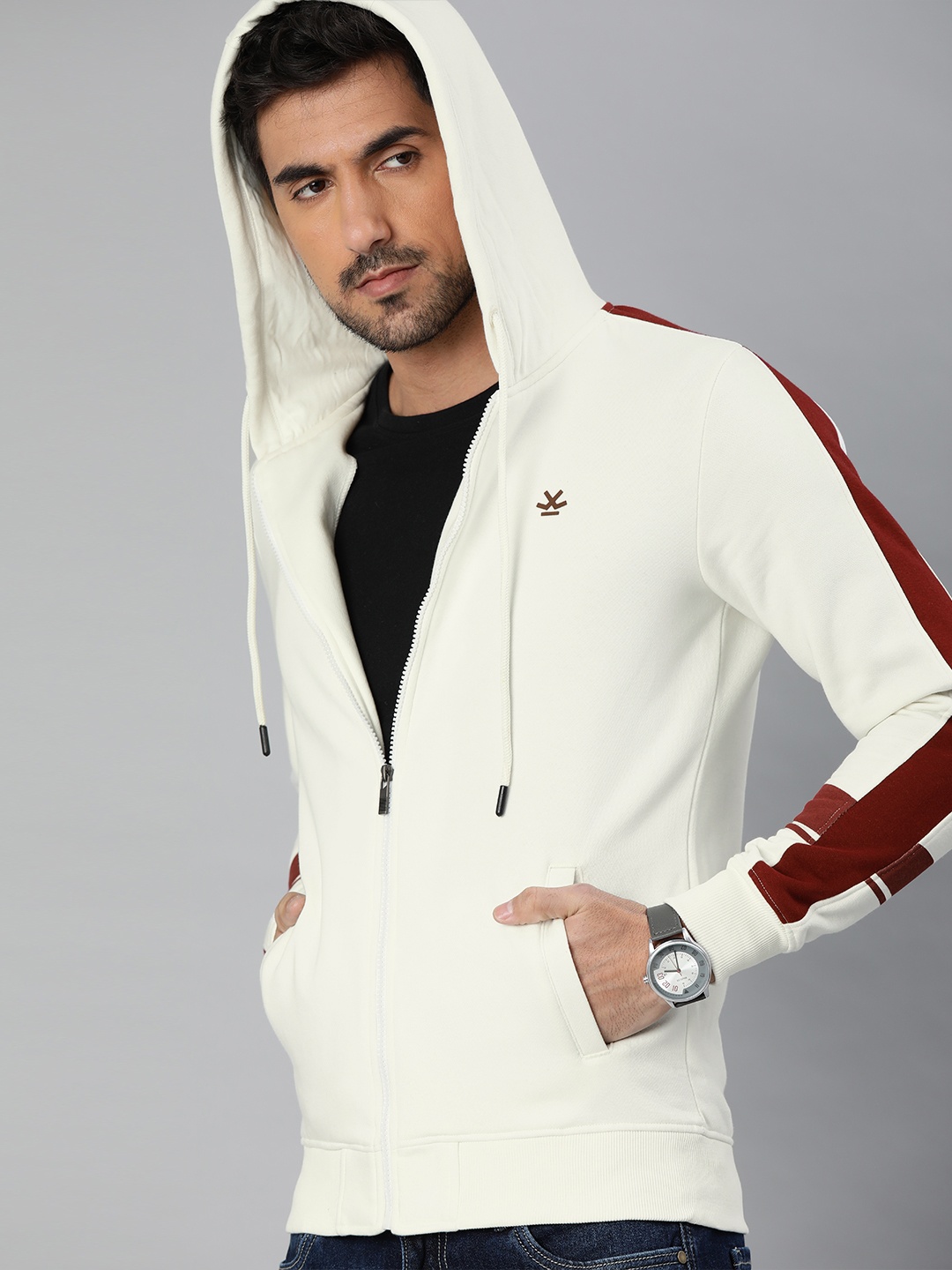 

WROGN Men White Solid Slim Fit Side Striped Hooded Sweatshirt