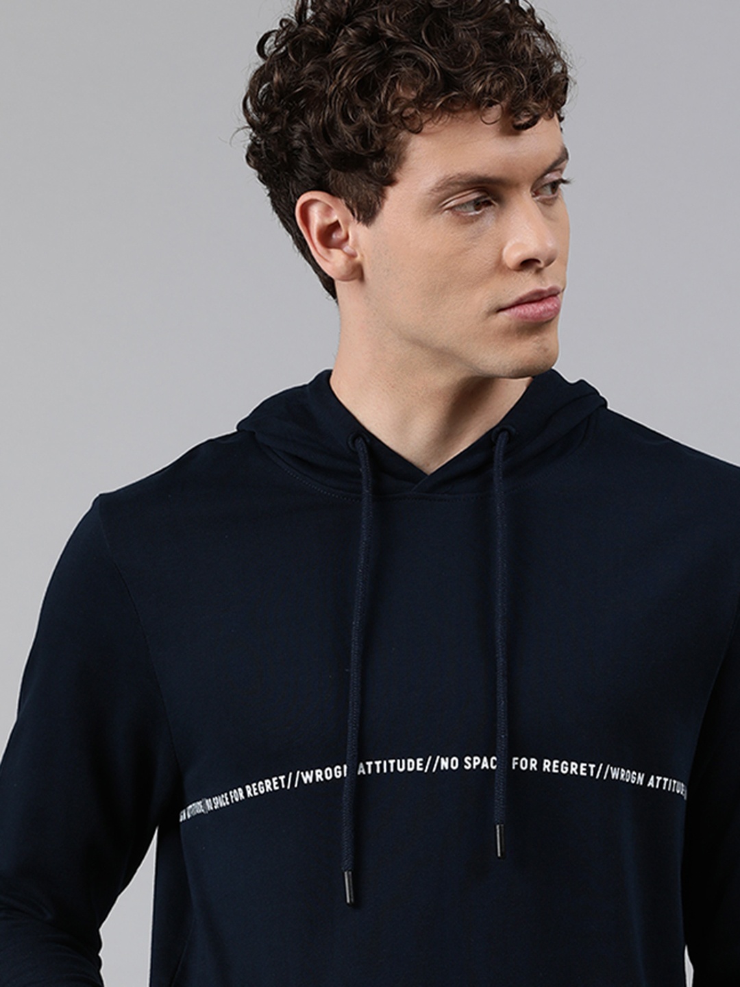 

WROGN Men Navy Blue Printed Hooded Sweatshirt